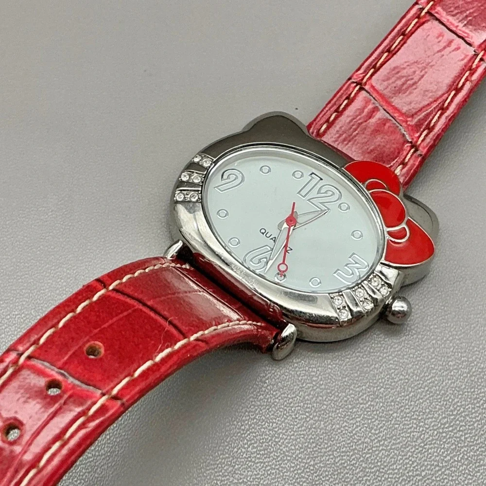 Sanrio Hello Kitty Watch Women's 2007 Red Strap Crystal Silver 38mm NEW BATTERY